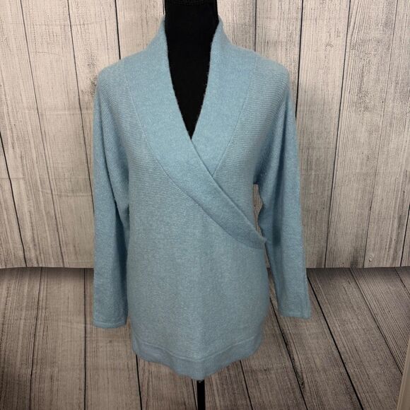 Laurie Felt LA Women's Medium Pale Blue Soft Knit Cozy Wrap Front Sweater - Picture 2 of 7